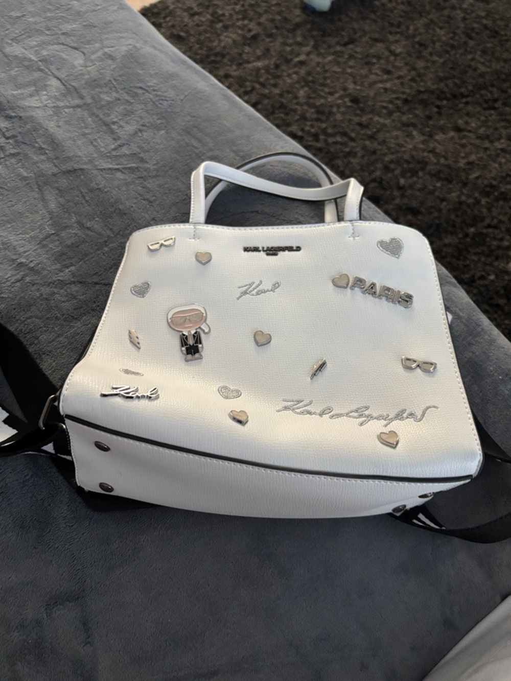 Karl Lagerfeld White Logo Charm Tote with Heart Embellishments
